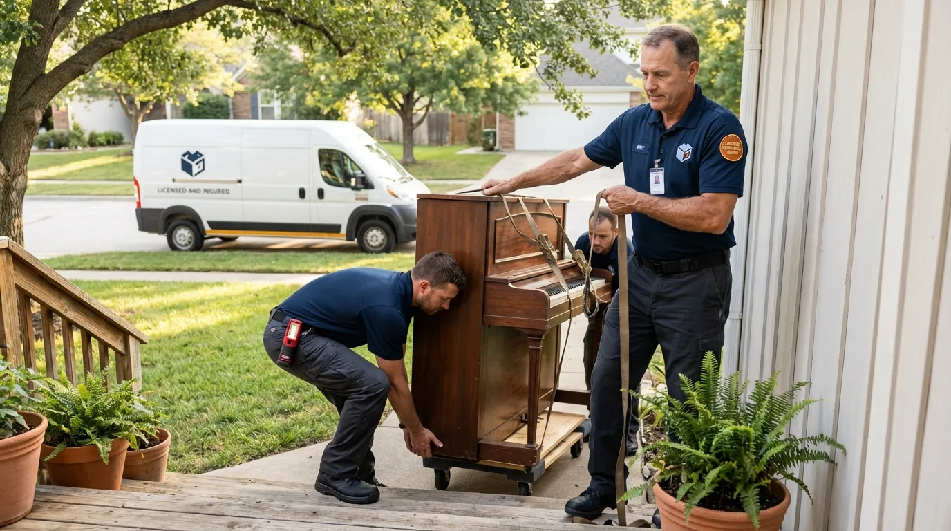 Licensed piano movers securing grand piano in Laughlin, NV