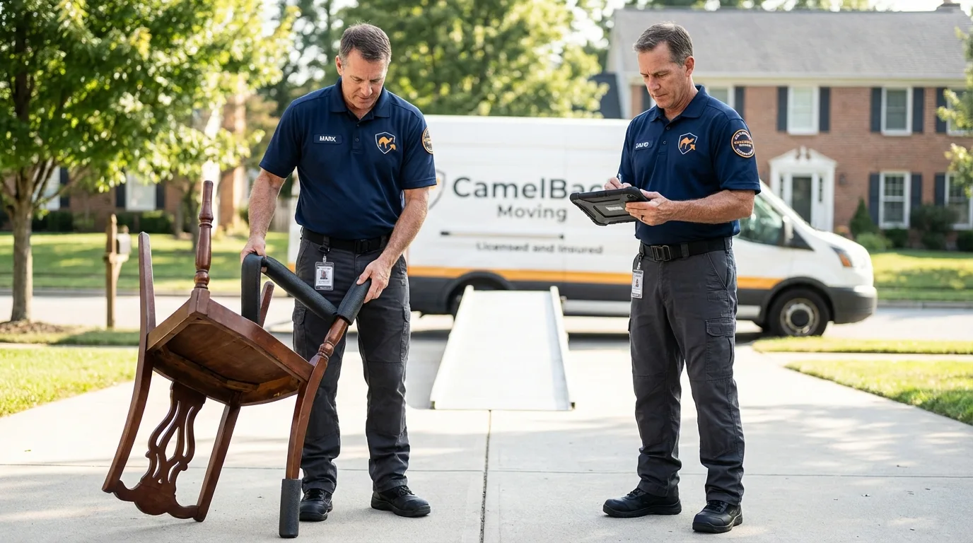 Movers inspecting furniture for damage prevention before loading in Laughlin, NV