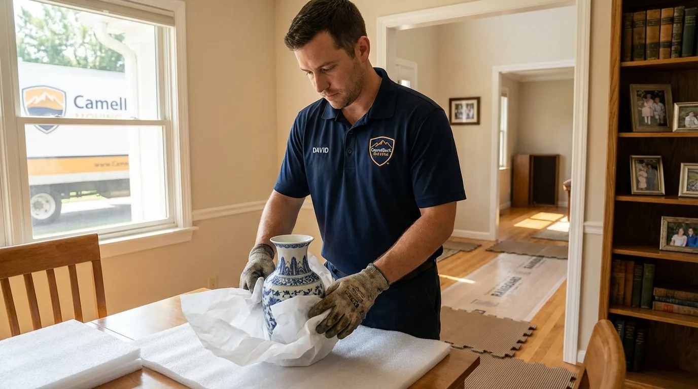 Professional crew carefully wrapping antique vase for senior downsizing move in Laughlin, NV